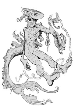 anthro claws feet holding_object humanoid_feet male markings nude plantigrade rope simple_background skinny solo tail white_background scuotivento aquatic fish digital_media_(artwork) hi_res monochrome