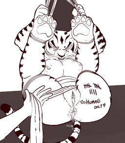 4_fingers 5_fingers after_sex after_vaginal ambiguous_gender anthro anthro_focus anus areola arms_above_head arms_tied bdsm big_areola big_breasts big_butt big_nipples biped black_text bodily_fluids body_writing bondage bound breasts butt claws cum cum_drip cum_from_ass cum_from_vagina cum_in_ass cum_in_vagina cum_inside cum_on_ground digitigrade dipstick_tail directional_arrow dripping duo female female_focus female_on_human finger_claws fingers flexible folded fur genital_fluids genitals heart_symbol humanoid_genitalia humanoid_hands humanoid_vulva iris leaking_cum legs_tied legs_up long_whiskers looking_at_viewer looking_pleasured lying markings mostly_offscreen_character nipples nude nude_anthro nude_female on_back pawpads public_use pupils restrained restraints rope rope_bondage snout solo_focus spread_legs spreading striped_arms striped_body striped_fur striped_legs striped_markings striped_tail stripes tail tail_markings tally_marks text thick_thighs three-quarter_view vulva western_tally_marks whiskers writing_on_butt necrolepsy dreamworks kung_fu_panda master_tigress felid human mammal pantherine tiger 2023 black_and_white digital_drawing_(artwork) digital_media_(artwork) english_text hi_res monochrome species_name