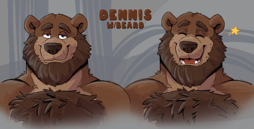 anthro beard brown_body brown_fur chest_fur eyes_closed facial_hair fur male smile solo star teeth bottlebear bear mammal hi_res portrait