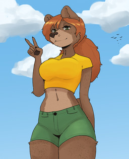 anthro belly bottomwear claws clothing countershade_torso countershading crop_top dark_nose eyelashes female finger_claws freckled_arms freckled_belly freckled_face freckled_legs freckled_thighs freckles gesture green_bottomwear green_clothing hair hand_gesture long_eyelashes midriff navel orange_hair pawpads shirt shorts snout solo topwear v_sign yellow_clothing yellow_topwear katahdin kat_(katahdin) bear mammal hi_res