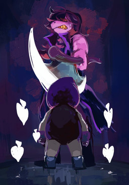 anthro axe bodily_fluids clothed clothing duo female hair male melee_weapon simple_background size_difference suit_symbol sweat weapon seki_523830 deltarune undertale_(series) lancer_(deltarune) susie_(deltarune) darkner humanoid mammal reptile scalie 2019 digital_media_(artwork)