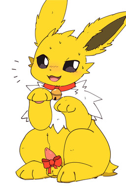 3_toes balls bell blush bodily_fluids collar cute_fangs emanata fangs feet feral fur genitals jingle_bell kemono looking_at_viewer male male_feral open_mouth paw_pose pawpads paws penis pose ribbon_on_penis ruff simple_background sitting solo sweat sweatdrop tail tapering_penis teeth toes tongue urethra white_background white_body white_fur yellow_body yellow_fur inukami_hikari nintendo pokemon eeveelution generation_1_pokemon jolteon pokemon_(species) 2025 digital_media_(artwork) hi_res