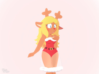 anthro antlers blonde_hair blue_eyes blush bottomwear breasts brown_body brown_fur buckteeth clothing costume female freckles fur hair hooves horn leotard long_hair medium_breasts open_mouth ribbons santa_costume skirt solo strapless_clothing strapless_leotard tail teeth translucent translucent_bottomwear translucent_clothing translucent_skirt wide_hips bingbingo deltarune undertale_(series) noelle_holiday deer mammal new_world_deer reindeer absurd_res hi_res watermark