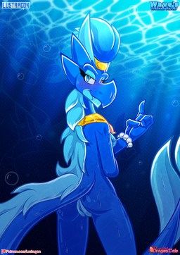 anthro blue_body blue_eyes blush bodily_fluids breasts butt female fin gem genital_fluids genitals gold_(metal) hair horn nipples non-mammal_breasts nude pearl_(gem) pearl_bracelet shell slim_female small_breasts smile solo tail vulva lustragon mythology wave_(iestragon) aquatic aquatic_dragon dragon mythological_creature mythological_scalie scalie cover cover_art cover_page digital_drawing_(artwork) digital_media_(artwork) hi_res