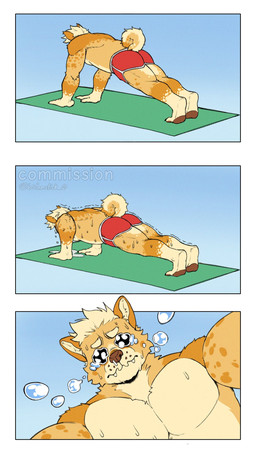 anthro barefoot bodily_fluids boxers_(clothing) boxers_only brown_pawpads claws clothed clothing crying exercise feet finger_claws male muscular muscular_anthro muscular_male pawpads paws plantigrade push-up shaking soles solo sweat sweatdrop sweaty_body tears toe_claws toes topless underwear underwear_only boomstick_0 canid canine canis domestic_dog mammal shiba_inu spitz 2025 9:16 comic hi_res