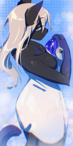 anthro biped black_body black_fur black_tail blue_background blue_body blue_fur blue_tail breasts dripping female fur hair holding_object loofah looking_at_viewer multicolored_tail shower side_view simple_background solo standing tail towel towel_only wet wet_hair white_hair yellow_eyes neon-chan salvia_(alakarnova) domestic_cat felid feline felis mammal absurd_res hi_res