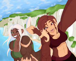 abs anthro biceps brown_body brown_fur clothing dark_body dark_skin deltoids detailed_background duo facial_scar female fur green_eyes hair long_hair multicolored_body multicolored_fur muscular muscular_anthro muscular_female open_mouth pecs pecs_with_breasts red_body red_eyes red_fur scar sharp_teeth smile sportswear tan_body tan_fur teeth tusks white_body white_fur white_hair ysirieanart jules_(sketchfuljules) ysira_(ysirieanart) haplorhine mammal monkey primate 5:4 absurd_res hi_res