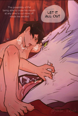 balls_on_tongue bestiality black_hair bodily_fluids breath cum cum_in_mouth cum_inside dialogue dominant dominant_feral dominant_male duo ejaculation eye_contact fellatio fellatio_from_feral feral feral_penetrated fur genital_danger_play genital_fluids green_eyes hair human_on_feral human_penetrating human_penetrating_feral interspecies larger_dom larger_feral larger_male larger_penetrated light_body light_skin looking_at_another looking_pleasured male male/male male_feral male_human multicolored_body multicolored_fur open_mouth oral oversized_fellatio oversized_oral panting penetration penile penis_on_tongue sex shaking shivering size_difference smaller_human smaller_male submissive submissive_human submissive_male text tongue jambu_bidjieh campfire_cooking_in_another_world_with_my_absurd_skill fel_(campfire_cooking) mukoda_tsuyoshi canid canine canis human humanoid mammal wolf english_text hi_res