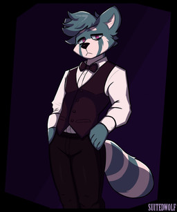5_fingers :< anthro bartender black_bottomwear black_clothing black_nose black_pants blue_body blue_eyes blue_fur blue_hair bottomwear bow_tie button_(fastener) cheek_tuft clothing collared_shirt eye_bags eyebrows eyelashes facial_tuft fingers frown fur hair hands_in_both_pockets head_tuft inner_ear_fluff leaning leaning_forward looking_at_viewer male markings mouth_closed pants purple_bow_tie purple_clothing purple_suit red_eyes shirt simple_background solo standing striped_body striped_fur striped_markings striped_tail stripes suit tail tail_markings tail_tuft tired topwear tuft white_body white_clothing white_fur white_inner_ear_fluff white_shirt white_topwear suitedwolfie reid_(suitedwolfie) ailurid mammal red_panda 2024 digital_drawing_(artwork) digital_media_(artwork) hi_res watermark