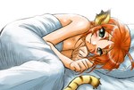 animal_humanoid bed bed_sheet bedding breasts breath_of_fire capcom cleavage clothed clothing dr.p felid felid_humanoid female furniture green_eyes hair humanoid katt_(breath_of_fire) low_res mammal mammal_humanoid on_bed orange_hair pantherine pantherine_humanoid pillow simple_background solo stripes tail tiger tiger_humanoid waking_up white_background
