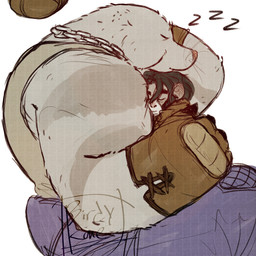 anthro black_body black_fur chain_necklace claws clothing cuddling duo eyes_closed fur gloves handwear hug jewelry male male/male necklace shirt size_difference sleeping sound_effects tank_top topwear vowelless vowelless_sound_effect white_body white_fur zzz birdykane deadlock_(game) valve krill_(deadlock) mo_(deadlock) eulipotyphlan haplorhine mammal mole_(animal) monkey primate 1:1