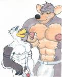 anthro balls beak big_bulge big_nipples bodily_fluids bulge duo genitals lactating male male/male male_lactation muscular nipples penis cobaltcerberus brogulls ayden_(brogulls) jim_rat avian bird gull lari larid mammal murid murine rat rodent hi_res