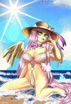 anthro anthrofied beach camel_toe clothing day female genital_outline nipple_outline pussy_outline solo swimwear translucent translucent_clothing wings caliluminos friendship_is_magic hasbro my_little_pony mythology fluttershy_(mlp) equid equine horse mammal mythological_creature mythological_equine pegasus pony absurd_res hi_res