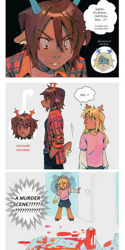 anthro blonde_hair bottomwear brown_body brown_fur brown_hair clothing duo eyelashes female freckled_face freckles fur hair horn long_eyelashes paint pink_clothing pink_shirt pink_topwear shirt sink skirt tear_trough text topwear goomyloid deltarune undertale_(series) dess_holiday noelle_holiday deer mammal new_world_deer reindeer 2025 absurd_res comic english_text hi_res