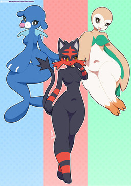 2_toes 3_fingers 3_toes anthro anthrofied arm_markings beak black_body black_eyes black_fur black_nose black_tail blue_background blue_body blue_skin breasts brown_body brown_eyes brown_feathers casual_nudity cheek_tuft color_partitioning crossed_legs eyelashes facial_markings facial_tuft feathers featureless_breasts featureless_crotch feet female fingers front_view fur fur_markings green_background green_body green_feathers group head_markings head_tuft huge_thighs leaf leg_markings long_tail looking_aside looking_at_viewer looking_forward markings medium_breasts multicolored_body multicolored_feathers multicolored_fur muzzle_(marking) navel nude open_mouth partitioning paws pink_nose pointy_ears pokemorph pose prick_ears pubic_mound red_background red_body red_eyes red_fur red_markings red_stripes shadow side_boob simple_background sitting slightly_chubby small_breasts small_waist smile snout snout_markings social_nudity socks_(marking) split_form standing starter_trio striped_body striped_fur stripes tail tail_tuft tan_body tan_feathers text thick_thighs toes tongue tuft white_body white_feathers wide_hips yellow_sclera alanscampos nintendo pokemon aquatic avian bird felid generation_7_pokemon litten mammal merfolk pinniped pokemon_(species) popplio rowlet 2016 english_text pinup signature url