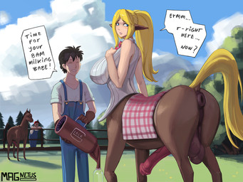animal_genitalia animal_penis anus backsack balls big_balls big_breasts black_hair blonde_hair blue_eyes breasts brown_anus brown_balls brown_perineum butt clothed clothed_human clothed_male clothed_taur clothing cum_collecting equine_anus equine_ears equine_genitalia equine_penis erection feral genitals gloves group gun gynomorph hair handgun handwear hat headgear headwear huge_breasts intersex light_body light_skin male monster_girl_(genre) overalls penis perineum pink_penis pistol pointy_ears puffy_anus raised_tail ranged_weapon saggy_balls tail vein veiny_balls veiny_penis weapon magnetus european_mythology glock greek_mythology monster_musume mythology centorea_shianus_(monster_musume) kimihito_kurusu centaur equid equid_taur equine human humanoid_taur mammal mammal_taur taur 2025 4:3 hi_res