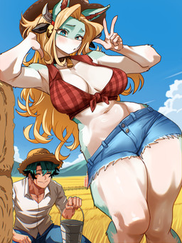 big_breasts blonde_hair bottomwear breasts bucket cleavage clothed clothing container cowbell crouching daisy_dukes denim denim_bottomwear denim_clothing denim_shorts duo fake_cow_ears fake_ears fake_horns female hair hat headgear headwear hotpants male male/female navel shorts small_waist thick_thighs wide_hips vlizz my_hero_academia ippan_josei izuku_midoriya animal_humanoid canid canid_humanoid canine canine_humanoid fox fox_humanoid human humanoid mammal mammal_humanoid quirked_human_(my_hero_academia) 3:4 absurd_res hi_res