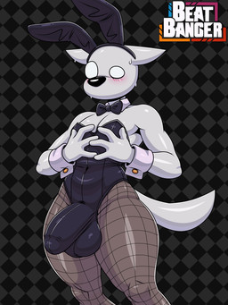 4_fingers anthro balls balls_outline big_balls big_bulge big_penis black_background black_nose blush blush_lines bodily_fluids bottomwear bulge bunny_costume checkered checkered_background clothed clothed_anthro clothed_male clothing costume detailed_bulge fake_ears fake_rabbit_ears femboy fingers fishnet_bottomwear fishnet_clothing fishnet_legwear front_view fur genital_outline genitals grey_background grey_body grey_fur hand_on_chest hand_on_own_chest hands_on_own_chest huge_bulge legwear male male_anthro navel_outline nervous pattern_background penis penis_outline shirt_collar shirt_cuffs simple_background solo standing sweat tail thick_thighs wide_eyed skay_smidyth_samuel beat_banger bunfan_games protagonist_(beat_banger) canid canine mammal 2026 3:4 absurd_res digital_media_(artwork) hi_res