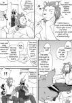 anthro black_and_white canid canine canis clothing comic cotton_(artist) dialogue english_text felid fukuzawa fur greyscale lion male mammal monochrome pantherine text tooboe_bookmark tuft wolf