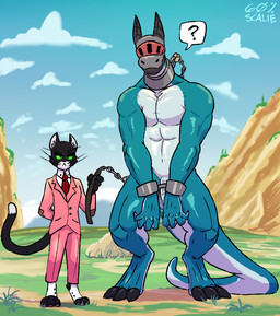 3_toes abs anthro balls barefoot biceps black_body black_fur blue_body bondage_armor bound chain chain_leash chained cliffs clothed clothed/nude clothed_male clothing collar confusion cuff_(restraint) deltoids detailed_background digitigrade dominant dominant_male duo fantasy feet fully_clothed fur gag genitals green_eyes handcuffed handcuffs leash looking_at_viewer male male/male meadow metal_cuffs multicolored_body multicolored_fur muscular muscular_anthro muscular_male muscular_sub muzzle_(object) navel nude outside pecs penis quads restrained restraints rock shackles sky slave submissive submissive_male tail toes triceps two_tone_body two_tone_fur two_tone_tail vein veiny_penis whiskers white_body white_fur 60percentscalie mythology bound_dragon_(60percentscalie) domestic_cat dragon felid feline felis lizard mammal mythological_creature mythological_scalie reptile scalie 2019 story story_in_description