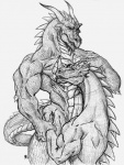 anthro circumcised circumcision_scar duo erection genital_scar genitals horn humanoid_genitalia humanoid_penis licking male male/male penis scar simple_background tail teeth tongue tongue_out white_background sudonym mythology dragon mythological_creature mythological_scalie scalie 2001 monochrome