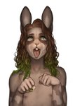 ahegao anthro begging begging_pose brown_body brown_hair brown_skin buckteeth detailed_eyes femboy green_eyes green_hair hair highlights_(coloring) looking_pleasured looking_up male nipple_piercing nipple_ring nipples nude open_mouth pale_body pale_fur pale_skin piercing pose ring_piercing simple_background solo teeth tongue tongue_out wavy_hair nazena_ra sandry_vallheim lagomorph leporid mammal rabbit 2021 2022 absurd_res colored detailed digital_drawing_(artwork) digital_media_(artwork) digital_painting_(artwork) hi_res shaded trans_(lore) trans_woman_(lore)