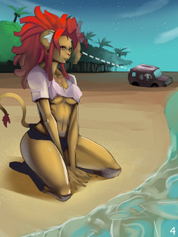 anthro areola beach boots bottomwear breasts brown_eyes butt car clothing crop_top dreadlocks ear_piercing exposed_breasts feet female footwear fur gauged_ear hair hotpants humanoid_feet kneeling looking_at_viewer nipple_outline outside pants piercing plant plantigrade red_hair sand seaside shirt shoes shorts side_view tail tan_body tan_fur topwear tree vehicle rushics felid lion mammal pantherine censored detailed digital_drawing_(artwork) digital_media_(artwork) hi_res mosaic_censorship shaded