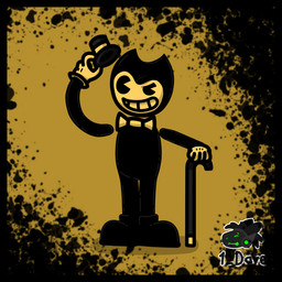 black_body black_border black_clothing black_footwear black_shoes border bow_tie brown_background cane clothing footwear gloves handwear hat headgear headwear horn ink looking_at_viewer male pie_cut_eyes shoes simple_background smile smiling_at_viewer smug_grin solo top_hat 1dave_(artist) bendy_and_the_ink_machine bendy_the_dancing_demon demon demon_humanoid horned_humanoid humanoid full-length_portrait hi_res portrait