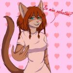 auburn_hair blue_eyes braided_hair breasts brown_body brown_fur clothed clothing female fur hair heart_symbol holidays long_tail red_hair shirt smile solo stripes tail text topwear rensakai valentine's_day kayla_angel felid feline mammal 1:1 english_text