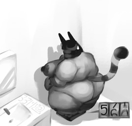 anthro areola back_fat bathroom belly big_breasts big_butt bodily_fluids breasts butt fat_arms female markings nipples nude obese obese_anthro obese_female overweight overweight_anthro overweight_female solo standing striped_markings striped_tail stripes sweat sweatdrop tail tail_markings weighing_scale weight_conscious 33millionsnails animal_crossing nintendo ankha_(animal_crossing) domestic_cat felid feline felis mammal 2026 greyscale hi_res monochrome signature