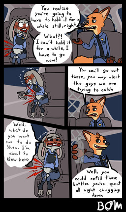 3_toes 4_fingers anthro barefoot belly belt beverage_bottle bladder_bulge blush bodily_fluids bottomwear buckteeth car_window clothing desperation dialogue ears_down feet female female_anthro fingers gloves_(marking) green_eyes grey_body leg_markings long_ears male male_anthro markings navel necktie night omorashi open_belt orange_body pants pivoted_ears police police_uniform police_vehicle scut_tail shaking sharp_teeth shirt_collar shirt_pocket short_tail socks_(marking) sweat tail tears tears_of_desperation teeth text tie_clip tipped_ears toes trembling uniform utility_belt vehicle bombality disney zootopia judy_hopps nick_wilde 2024 comic english_text hi_res