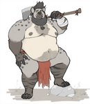 4_toes 5_fingers anthro axe beard belly bottomwear clothing facial_hair facial_piercing feet fingers fur loincloth male melee_weapon moobs nipples nose_piercing obese obese_anthro obese_male overweight overweight_anthro overweight_male piercing plantigrade septum_piercing simple_background solo toes weapon weapon_on_shoulder yasano gnoll hyena mammal 2020 hi_res