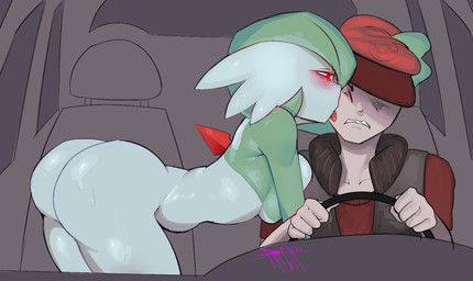 back_spikes bent_over big_breasts big_butt blush breasts butt car car_interior driving duo eyelashes face_lick female green_body green_hair hair hand_on_head inside_car inside_vehicle licking male red_eyes short_hair spikes spikes_(anatomy) steering_wheel tan_body tan_skin thick_thighs tongue tongue_out vehicle white_body wide_hips phrenpai nintendo pokemon gardevoir generation_3_pokemon human humanoid mammal pokemon_(species) hi_res