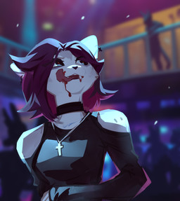 anthro black_clothing black_eyes black_topwear blood blood_on_face blood_on_teeth blurred_background bodily_fluids clothed clothing cross ear_piercing ear_ring female female_anthro front_view fur group hair inside jewelry multicolored_hair necklace open_mouth piercing pupils red_hair red_pupils ring_piercing solo_focus topwear two_tone_hair white_body white_fur white_hair corzh77 felid mammal absurd_res hi_res