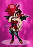 anthro breasts claws clothed clothing ear_piercing female fluffy fluffy_tail footwear fur genitals high_heels horn partially_clothed piercing pubes pussy red_body red_eyes red_fur shoes simple_background smile solo tail thick_thighs wings metalbelphegor helluva_boss keenie_(helluva_boss) angel bovid caprine fallen_angel mammal sheep absurd_res hi_res