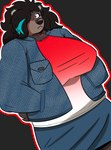 anthro big_breasts bottomwear breasts clothed clothing denim denim_clothing female hair hair_over_eye jacket one_eye_obstructed skirt solo topwear impliedrainbows annabelle_autumn_pines bear brown_bear kodiak_bear mammal ursine absurd_res hi_res