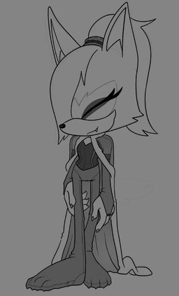 anthro armwear cape clothing corset elbow_gloves eyes_closed female gloves hair hair_over_eye hand_on_leg handwear legwear lingerie ponytail smile snaggle_tooth solo standing tights topwear silverline idw_publishing sega sonic_the_hedgehog_(comics) sonic_the_hedgehog_(idw) sonic_the_hedgehog_(series) whisper_the_wolf canid canine canis mammal wolf greyscale monochrome