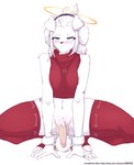 anthro blue_eyes blush clothing femboy halo hand_on_ground legwear male markings red_clothing red_legwear red_stockings simple_background solo stockings white_background white_body youtuber third-party_edit voicedbarley vtuber youtube taigaxholic canid canine canis domestic_dog mammal