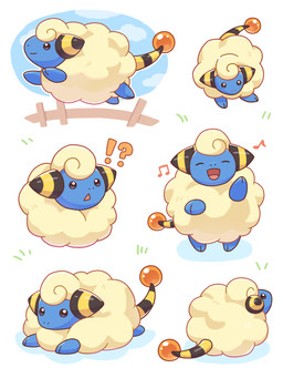 ambiguous_gender blue_eyes cloud dancing exclamation_point eyes_closed fence feral fur horn interrobang lying midair musical_note musical_symbol on_front open_mouth question_mark simple_background sky solo symbol tail tongue wool_(fur) yellow_body yellow_fur yellow_wool nekogyo122 nintendo pokemon bovid caprine generation_2_pokemon mammal mareep pokemon_(species) 2025 3:4 absurd_res hi_res