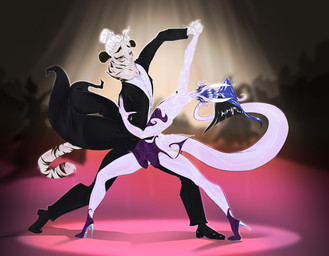 action_pose anthro biped black_body black_fur black_tie_(suit) blue_eyes blue_hair blurred_background clothed clothed_anthro clothed_female clothed_male clothing coat dancing dress duo_focus female female_anthro flat_chested flexible footwear fur glistening glistening_clothing green_eyes group hair high_heels hip_growth horn inside light long_tail male male_anthro minidress multicolored_body multicolored_fur plantigrade pose purple_body shirt shoes spotlight_beam suit tail tailcoat teeth topwear translucent translucent_clothing waltz_(dance) white_body white_clothing white_fur white_hair white_shirt white_topwear bisamon mythology bisamon_(oc) dragon felid mammal mythological_creature mythological_scalie pantherine scalie tiger absurd_res digital_drawing_(artwork) digital_media_(artwork) hi_res lighting shaded soft_shading