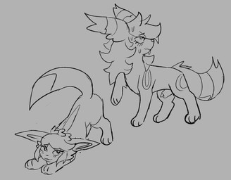 animal_genitalia bodily_fluids duo female feral genitals looking_away male nervous penis penis_tip presenting sheath smile sweat sweatdrop teasing teasing_with_butt bloowolfy nintendo pokemon el_(bloowolfy) canid canine eeveelution generation_2_pokemon generation_4_pokemon glaceon mammal pokemon_(species) umbreon 2023 greyscale hi_res monochrome