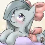 1:1 blush cutie_mark earth_pony equid equine female feral friendship_is_magic fur grey_body grey_fur grey_hair hair hasbro horse mammal marble_pie_(mlp) my_little_pony pony purple_eyes ribbons simple_background smile solo source_request speccysy