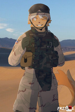 1990s_theme ambiguous_gender american_flag anthro armor camo camo_clothing camo_print clothing desert desert_background eyewear eyewear_on_head fur goggles goggles_on_head hair headgear helmet looking_at_viewer military military_uniform one_eye_closed pattern_clothing pink_nose smile smiling_at_viewer solo uniform united_states_of_america war white_hair wink winking_at_viewer yellow_body yellow_fur raymond56110 kaiju_paradise catte_(kaiju_paradise) domestic_cat felid feline felis gootraxian mammal 2026 digital_drawing_(artwork) digital_media_(artwork) hi_res