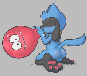 anthro anus balloon balloon_fetish balloon_with_face balls barely_visible_anus biped blowing_balloon bodily_fluids butt genitals grey_background holding_balloon inflatable male pawpads paws perineum print_balloon side_view simple_background sitting solo sweat young young_anthro young_male badipoki nintendo pokemon generation_4_pokemon pokemon_(species) riolu animated animated_webp