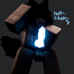 anthro balls black_body black_fur bodily_fluids clothed clothing dripping erection facial_piercing fur genital_fluids genitals glowing glowing_genitalia glowing_penis hidden_eyes holding_penis knot knotted_penis low-angle_view male muzzle_(object) nose_piercing pantsless penis piercing precum precum_drip solo speech_bubble tail antseyeball roblox canid canine canis mammal robloxian wolf 1:1 3d_(artwork) absurd_res blender_(artwork) digital_media_(artwork) hi_res huge_filesize