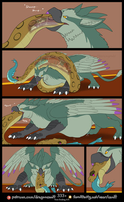 5_panel_comic anthro anthro_prey beak bodily_fluids dialogue eyewear feathered_wings feathers female female_prey feral feral_pred fin front_view fur furaffinity_logo glasses green_body group internal larger_pred male male_prey multiple_prey oral_vore page_number patreon_logo pronounced_browridge recursive_vore red_eyes scales size_difference slurp soft_vore speech_bubble tail tail_fin text ventral_scales vore wings yellow_body yellow_eyes yellow_scales rimentus furaffinity mythology patreon coalt emeralyn_(rimentus) kharl_(rimentus) rysindra_(rimentus) vess_(rimentus) anaconda aquatic aquatic_dragon avian boa_(snake) boinae canid canine canis dragon furred_dragon furred_scalie gryphon mammal mythological_avian mythological_creature mythological_scalie reptile scalie snake wingless_dragon wolf comic english_text hi_res multiple_scenes url