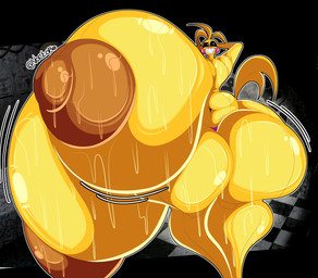 anthro areola beakless big_areola big_breasts big_nipples black_sclera bodily_fluids breasts brown_areola brown_nipples clothed clothing female huge_areola huge_breasts huge_hips huge_nipples huge_thighs hyper hyper_breasts machine nipples non-mammal_breasts sharp_teeth smile solo sweat sweaty_breasts teeth thick_thighs thong topless underwear white_eyes wide_hips yellow_body voctopie five_nights_at_freddy's five_nights_at_freddy's_2 scottgames toy_chica_(fnaf) animatronic avian bird chicken galliform phasianid robot absurd_res hi_res