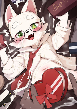 ambiguous_fluids anthro blush bottomless bottomless_male clothed clothing fangs fingers fur green_eyes happy looking_at_viewer lying male navel on_back open_mouth pupils shirt solo spread_legs spreading teeth topwear unusual_pupils white_body white_clothing white_fur white_shirt white_topwear young young_anthro young_male manmosu_marimo white_day hoshine_yu canid canine felid mammal pantherine tiger 2025 hi_res japanese_description