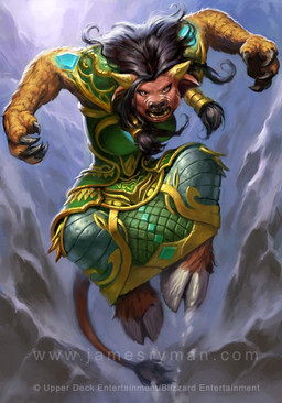 anthro armor black_hair brown_body brown_fur claws clothing dress feet female fur green_clothing hair hooves horn jumping open_mouth solo tail tail_tuft talons toes tuft james_ryman blizzard_entertainment warcraft world_of_warcraft_trading_card_game bovid bovine mammal tauren official_art