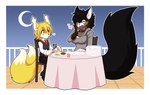 age_difference anthro bangs beverage big_tail black_hair blonde_hair blush chair chest_tuft clothed clothing collar cutlery date dinner dipstick_tail duo eating eyes_closed female fluffy fluffy_tail food fork fur furniture glass hair heart_symbol hoodie huge_tail inner_ear_fluff kitchen_utensils knife larger_female male male/female markings moon multi_tail multicolored_body multicolored_fur multicolored_tail necktie night older_female open_mouth outside plate red_eyes romantic romantic_ambiance romantic_couple romantic_dinner sitting size_difference sky smaller_male star starry_sky suit table tail tail_markings tools topwear tuft two_tone_body two_tone_fur younger_male re-sublimity-kun alex_(ticktockfox) mutt_(sessinoga) canid canine canis fox mammal wolf digital_media_(artwork)